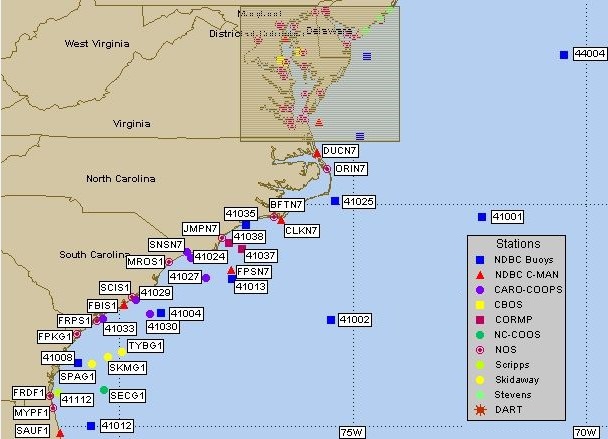 Mesomap of nearby weather buoys